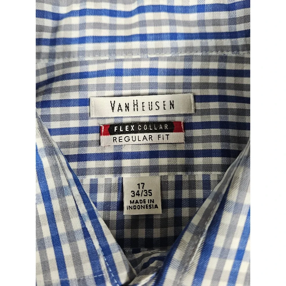 Van Heusen Mens Flex Collar‎ Regular Fit Gingham Dress Shirt Blue Grey 17 34/35